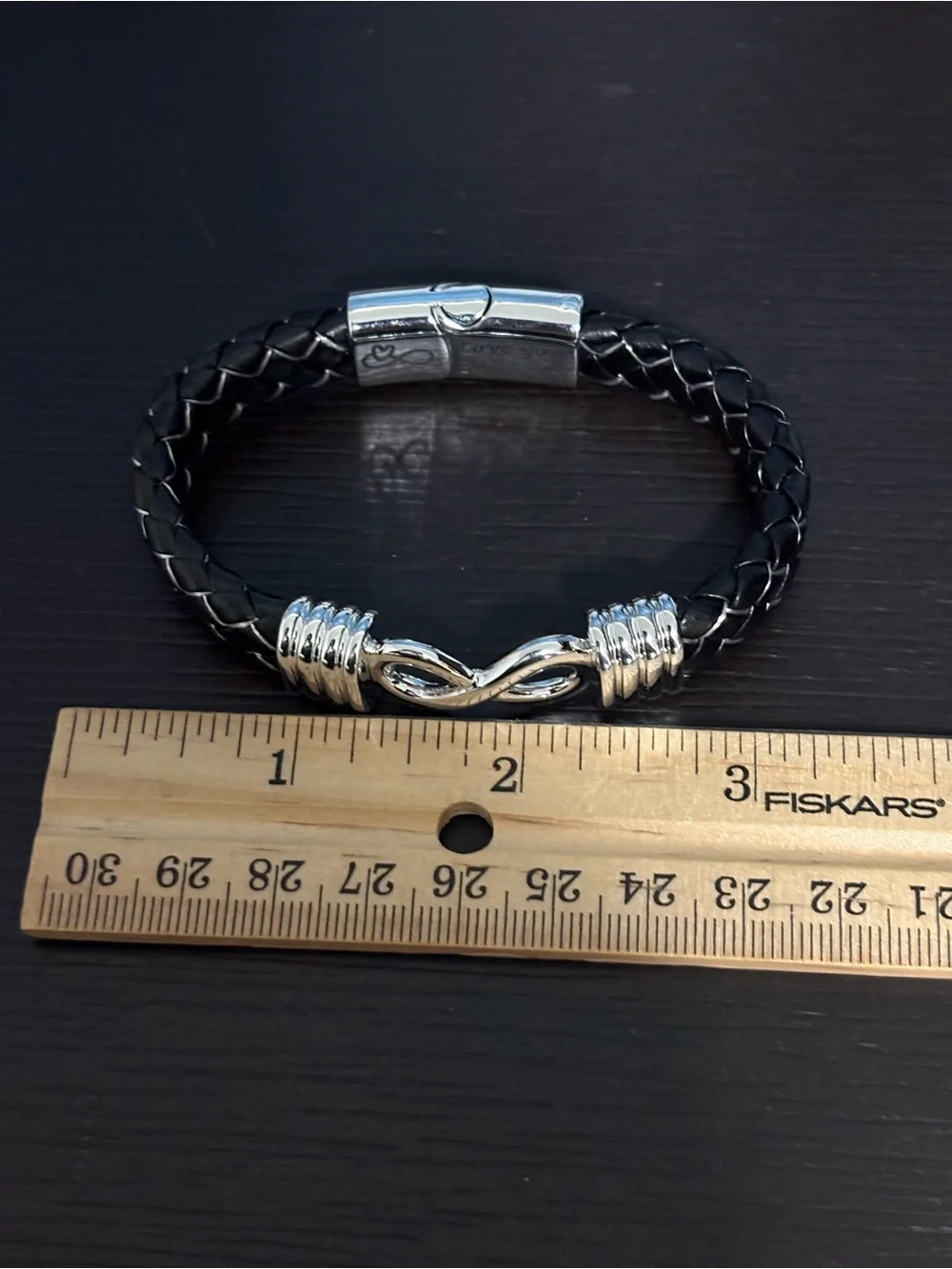 Men's Black Braided Faux Leather Bracelet with Silver tone magnetic clasp. New